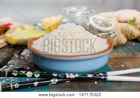 Asian Food Background. Sushi And Rolls Preparation. Making Sushi