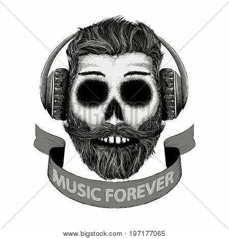 Sketch of human skull with a mustache and beard in headphones. Hipster design print on the t-shirt. Dj music icon in hand drawn style. Stock vector illustration.