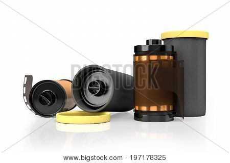 3d rendering of yellow film camera rolls isolated on white background with clipping paths.