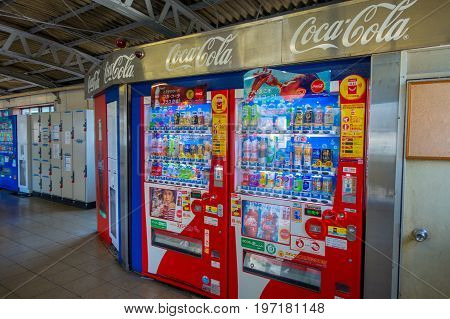 OSAKA, JAPAN - JULY 18, 2017: Gashapon or capsule machine from Osaka. When coins are inserted the machine returns a toy in capsule.