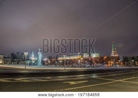 Monument of Vladimir. Moscow Kremlin in winter night. Russia