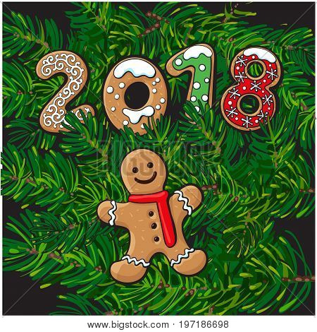 2018 Merry Christmas, New Year greeting card design with gingerman cookies on fir tree branches background. Christmas, New Year greeting card, banner with gingerman cookies, fir tree branches