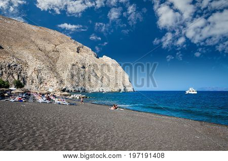 Perisa beach, Santorini, Greece. The black sand beach of Perissa on the Greek island of Thira.