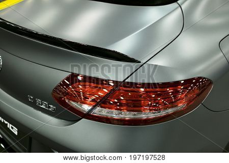Sankt-Petersburg Russia July 21 2017: Back view of a Mercedes Benz C 63s AMG coupe 2017. Rear light. Car exterior details. Photo Taken at Royal Auto Show July 21