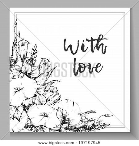 Retro vintage postcard, card or business card with flower bindweed. Hand drawing. Vector illustration.