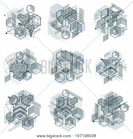 Abstract 3d shapes compositions vector isometric backgrounds. Compositions of cubes hexagons squares rectangles and different abstract elements. Vector collection.