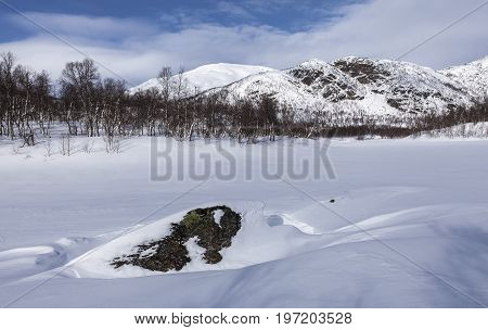Rocks, cliffs on a mountain slope, landscape. Winter, snow and snow-pack. Trees, birches this side.