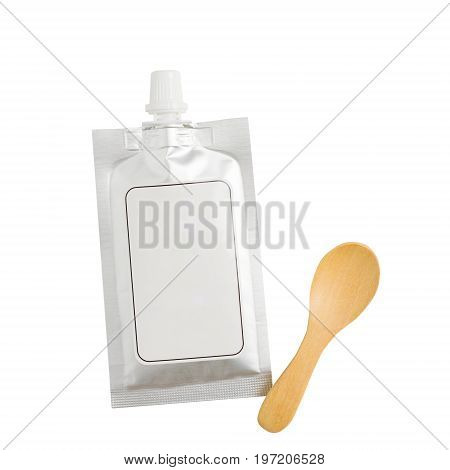 Blank Spout Pouch With Cap Or Doy Pack And Wood Spoon. Isolated On White Background With Clipping Pa