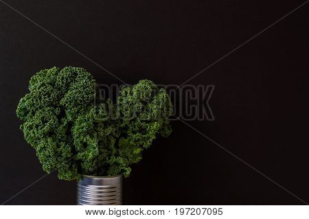Background with curly kale bunch in a metal jar. Raw kale leaves