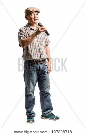 Portrait Of A Happy Mature Man Presented With Microphone. Isolated Full Lenth On White Background Wi