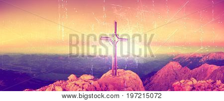 Film Effect. Lens Flare Light, Strong Effect.  Cross On Peak Of Hoher Goell. Iron Crucifix At Mounta