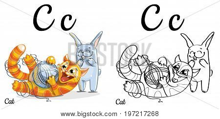 Vector alphabet letter C for children education with funny cartoon cat and bunny. Isolated. Learn to read. Coloring page.