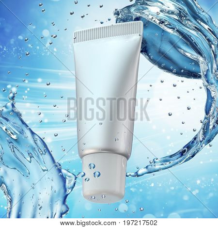 Cream bottle mock up in water splash on blue background. 3D illustration