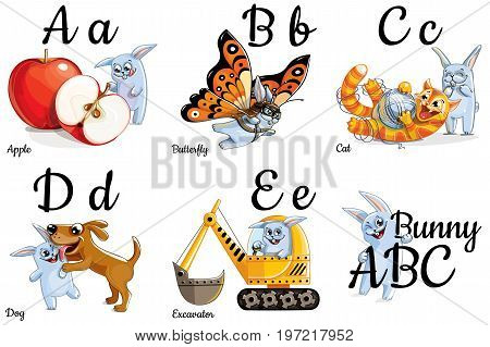 Vector bunny alphabet letters for children education with funny cartoon pictures. Isolated. Learn to read.