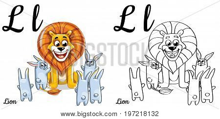 Vector alphabet letter L for children education with funny cartoon lion and bunnies. Isolated. Learn to read. Coloring page.