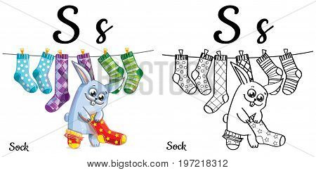 Vector alphabet letter S for children education with funny cartoon bunny and socks. Isolated. Learn to read. Coloring page.