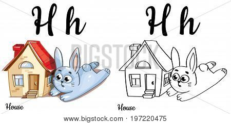 Vector alphabet letter H for children education with funny cartoon bunny and house. Isolated. Learn to read. Coloring page.