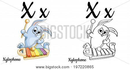 Vector alphabet letter X for children education with funny cartoon cat. Isolated. Learn to read. Coloring page.