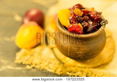 Dried Fruits In A Clay Pot. Rural Style.