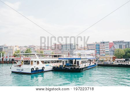 Istanbul, June 15, 2017: Passenger ferry in the port in Stabul, Turkey. Transportation of passengers by sea. Tourism