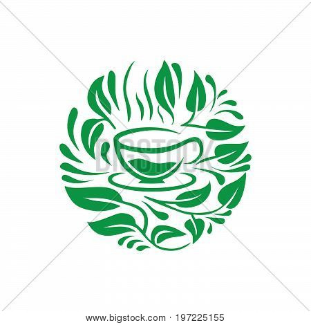 Tea cup logo with leaves pattern. Vector Modern illustration on white background.