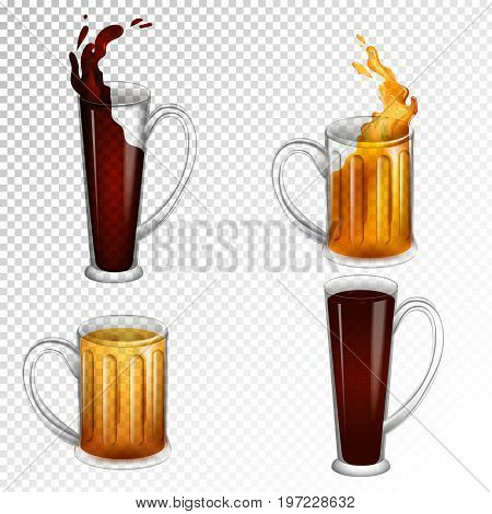 Set of illustrations of beer mugs for International beer day. Collection of transparent objects for alchohol festival.