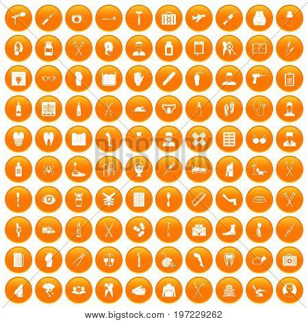100 medical care icons set in orange circle isolated on white vector illustration