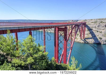 Red Maslenica Bridge in Croatia at summer day.