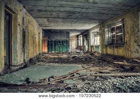 Inside the gloomy old building.Empty and destroyed
