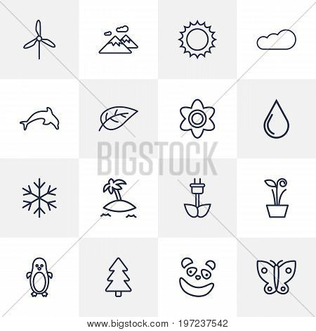 Collection Of Flower, Eco Energy, Water Drop And Other Elements.  Set Of 16 Bio Outline Icons Set.