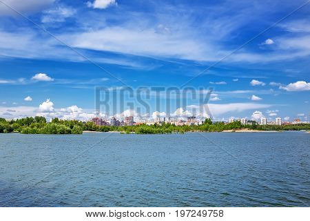 Novosibirsk Siberia Russia - July 17 2017: a view of the river Ob and the Novosibirsk side Bugrinskij beach