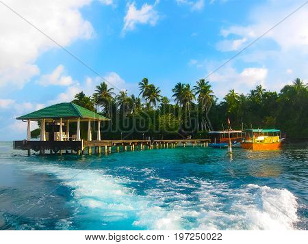Thw main entrance to Embudu Village Island, Maledives, Indian Ocean