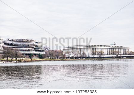 Washington Dc, Usa - March 20, 2017: Closeup Of Watergate Building And Kennedy Center With Potomac R