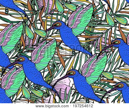 Tropical Pattern. Seamless Background With Palm Leaves Humming bird And Tropical Flowers. For Textile Or Book Covers Manufacturing  Print Gift Wrap And Scrapbooking