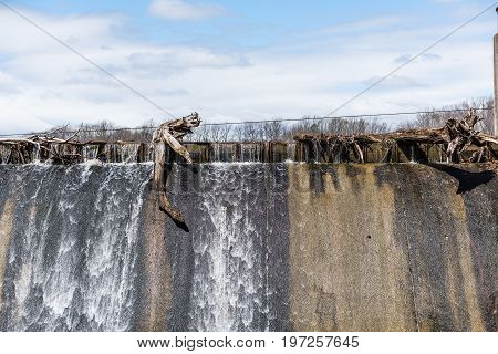 Small Dam With Running Water Fall In Accotink Park In Fairfax, Virginia