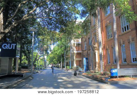 BRISBANE AUSTRALIA - JULY 8, 2017: Unidentified people visit QUT Queensland University of Technology. Queensland University of Technology is a public research university located in downtown Brisbane