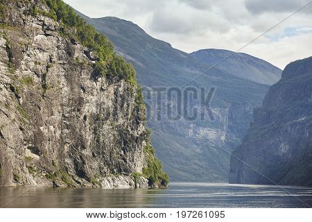 Norwegian fjord rocky landscape. Hellesylt Geiranger travel route. Tourism