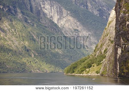 Norwegian fjord rocky landscape. Hellesylt Geiranger travel route. Tourism