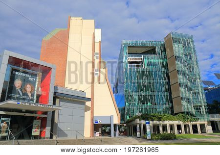 BRISBANE AUSTRALIA - JULY 8, 2017: Unidentified people visit QUT Queensland University of Technology. Queensland University of Technology is a public research university located in downtown Brisbane