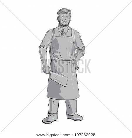 Illustration of a Vintage Butcher holding Meat Cleaver knife Standing front view done in hand sketch Drawing style.