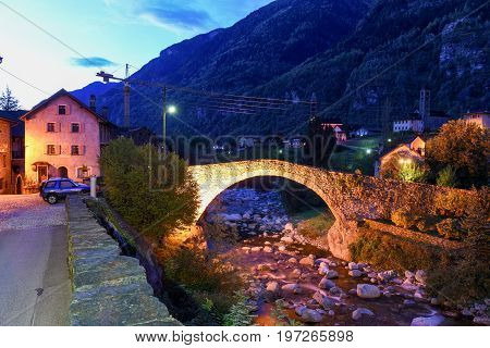 Roman Bridge At Giornico On Leventina Valley