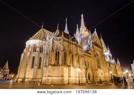 Night view of the Matthias Church in Budapest Hungary.
