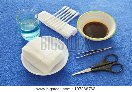 first aid kits for basic cleaning injury wound on blue valvet desk