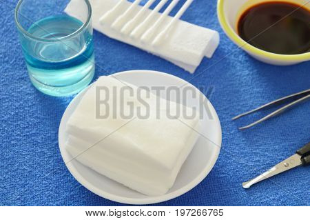 first aid kits for basic cleaning injury wound on blue valvet desk