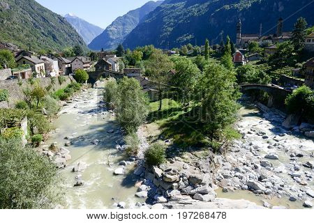 Giornico, Switzerland - 7 June 2016: River Ticino at Giornico on Leventina valley on the Swiss alps