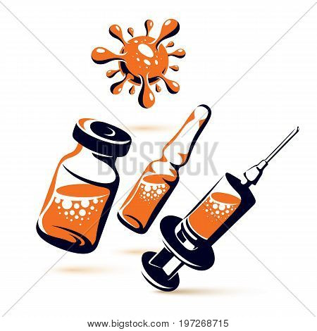 Vector graphic illustration of bottle ampoule with medicine and medical syringe for injections. Antivirus vaccination concept.