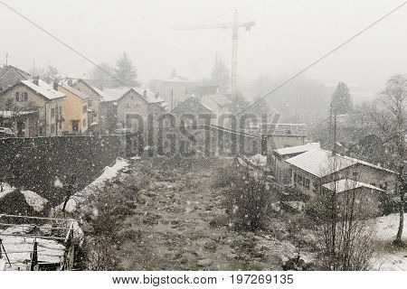The Village Of Giornico Under Snowfall In Leventina Valley