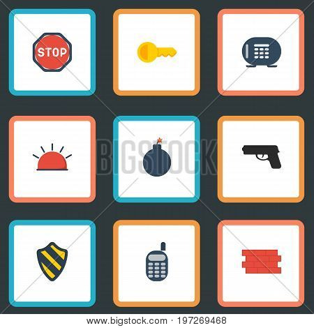 Flat Icons Walkie-Talkie, Gun, Road Sign And Other Vector Elements