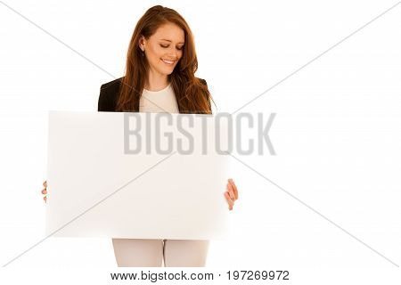 Attractive Business Woman Holding White Banner With Copy Spave For Additional Text Or Graphic Isolat