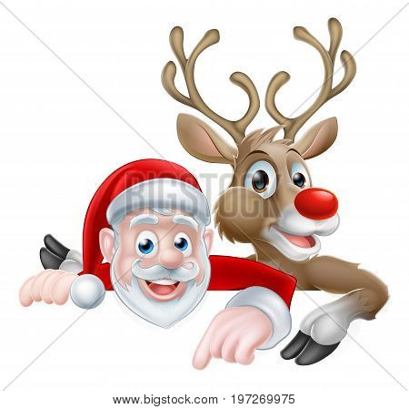 Cartoon Santa and reindeer peeking above sign and pointing Christmas illustration